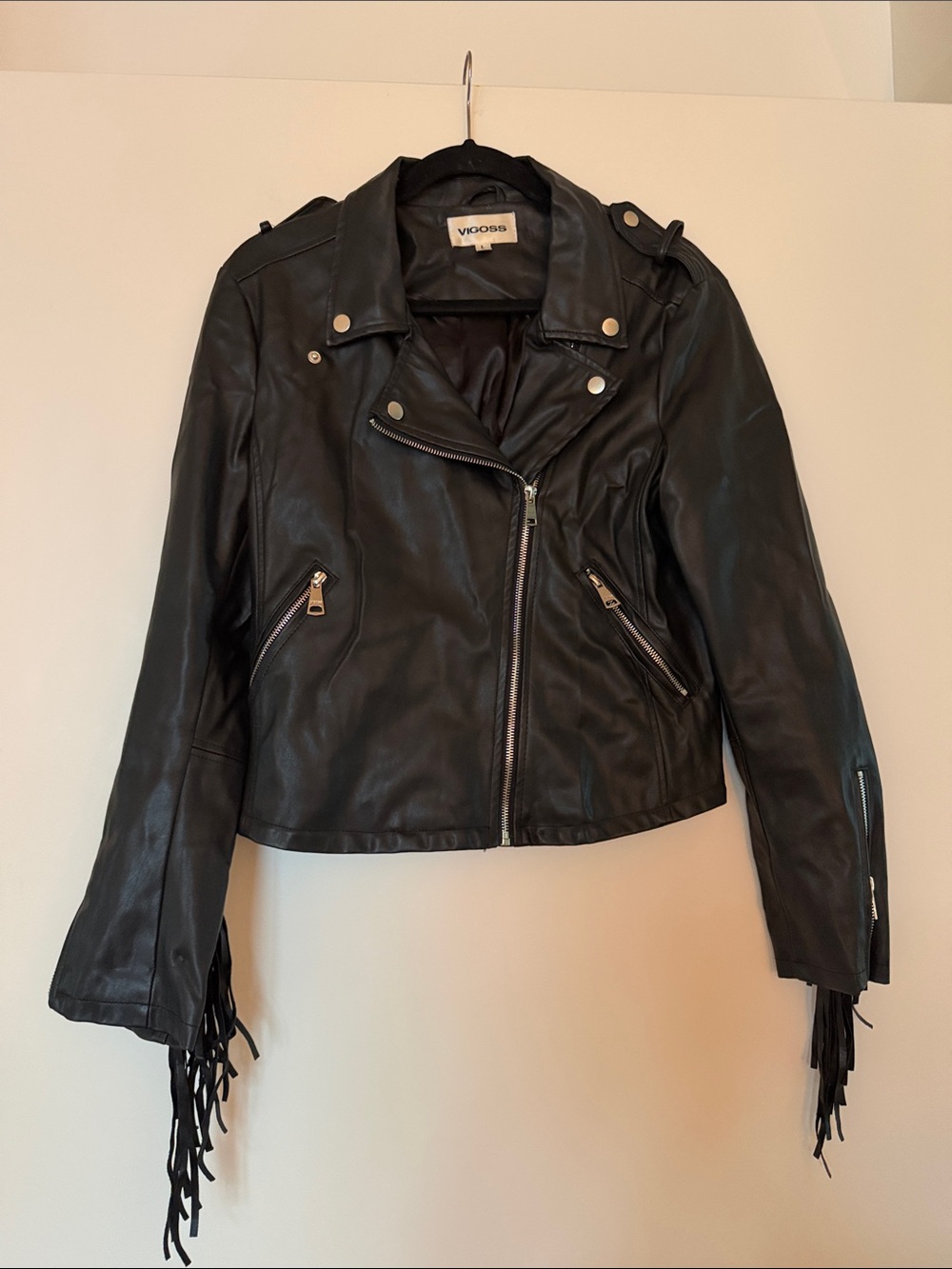 Vigoss Black Leather Fringe Moto Jacket